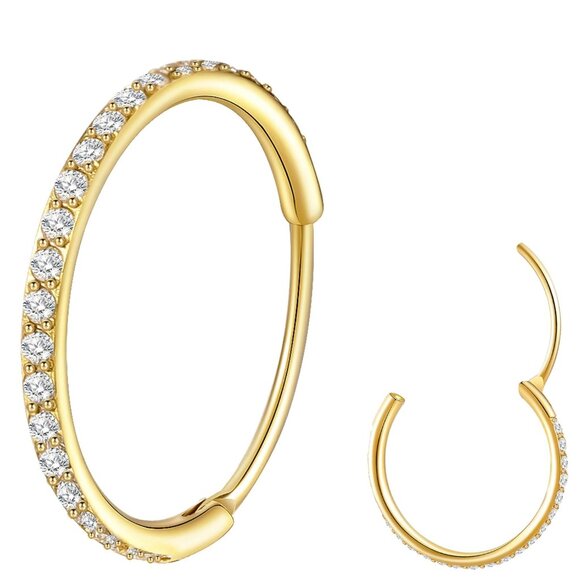 Gold 8mm Surgical Steel Nose Hoop with CZ - Hypoallergenic Tragus Helix Piercing - Picture 1 of 9